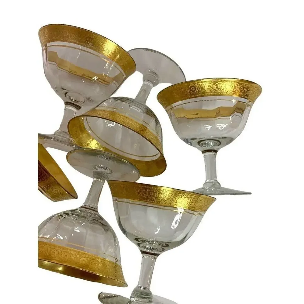 Vintage Gold Rim Floral Crystal Set of 6 Low Sherbet Glasses 3.75" h Stemmed - Picture 6 of 7